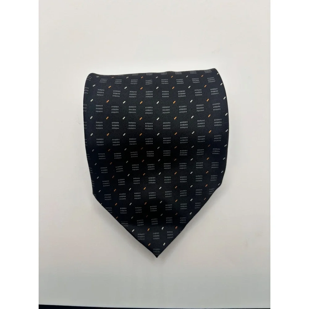 Clericci Mens Silk Necktie Navy Blue Orange Geometric Pattern Italian Style